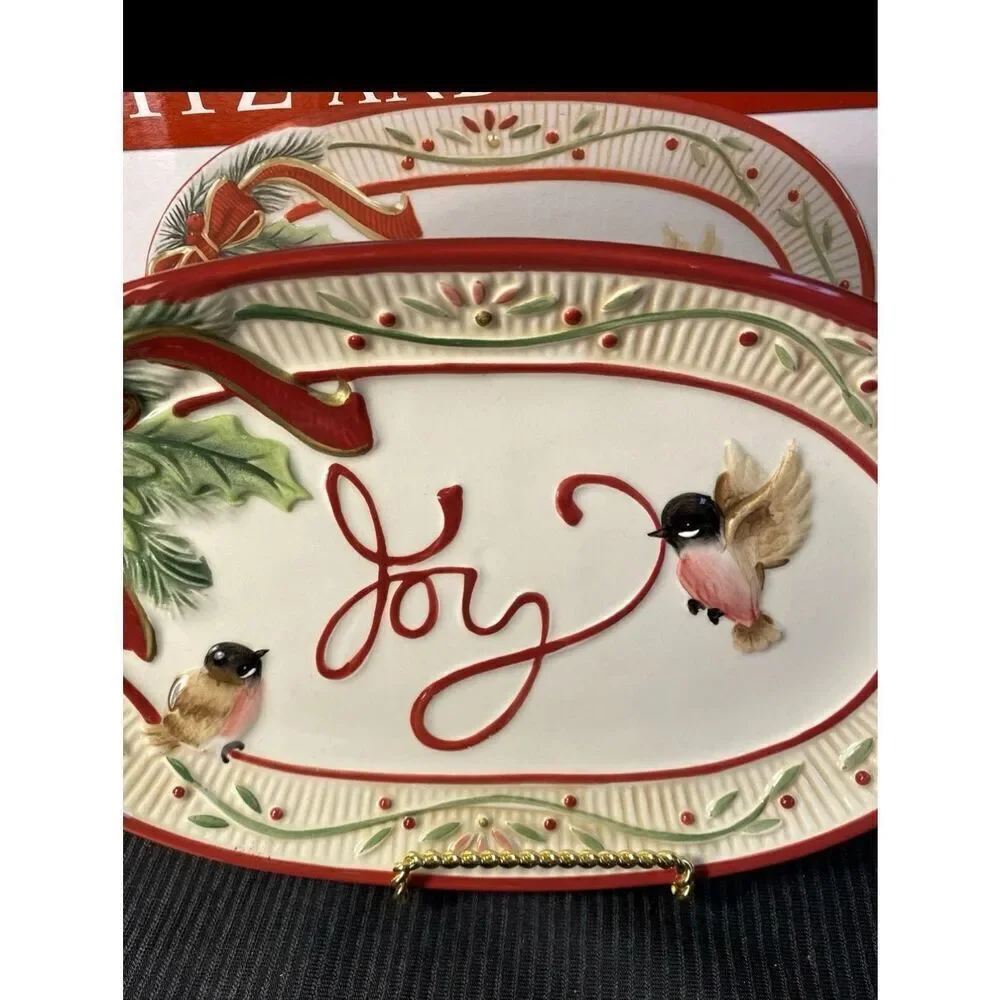 Fitz And Floyd Santa's Forest Friends Joy Christmas Platter Birds Nature Winter